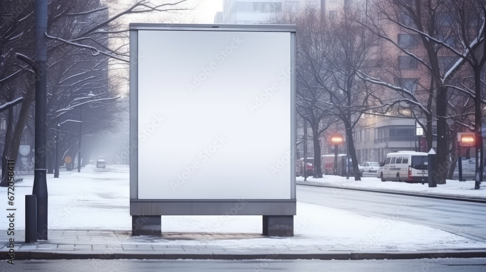 Sticker White blank vertical billboard at the bus stop on the city street. In the background of buses and roads. Sketch. Poster on the street next to the road