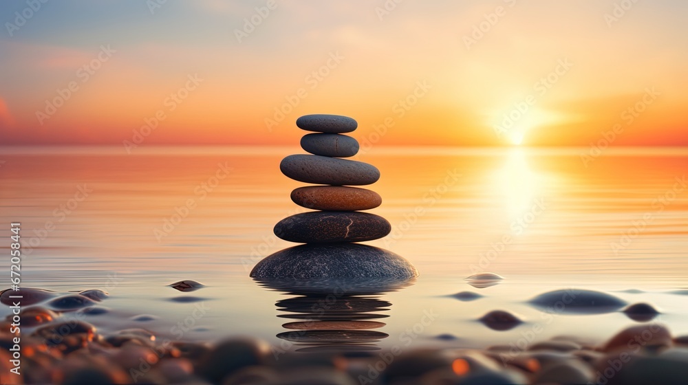 Poster balanced pebble pyramid silhouette on the beach. abstract warm sunset bokeh with sea on the backgrou