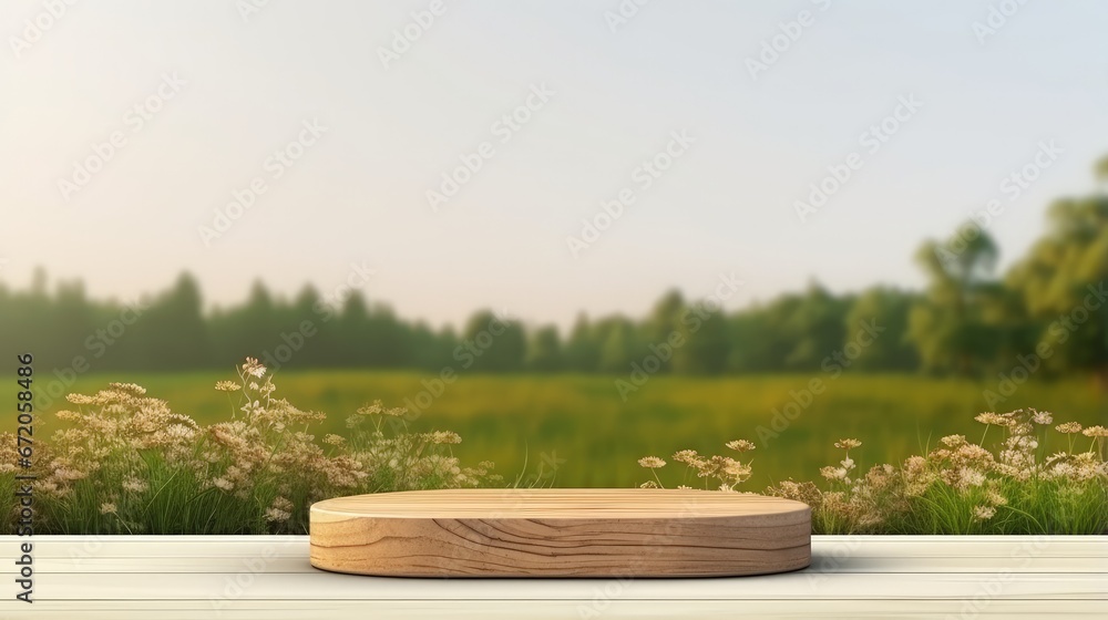 Aufkleber wood podium in meadow for product presentation and on white background.3d rendering