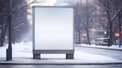 White blank vertical billboard at the bus stop on the city street. In the background of buses and roads. Sketch. Poster on the street next to the road