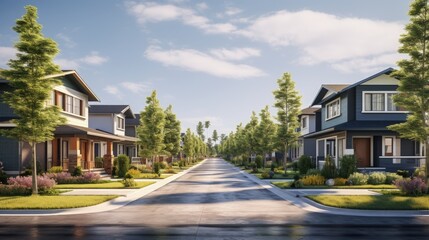 generic residential neighborhood for housing concepts. Digitally generated 3D rendering and Not based on any actual scene or reference image - obrazy, fototapety, plakaty
