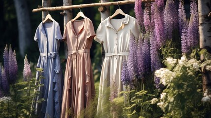 Natural colored dresses hanging on on a tree in the garden with lupine flowers. Concept organic clothes, eco-friendly, ecological fashion.