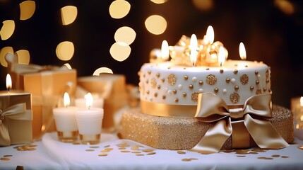 Luxurious white and gold cake with candles and gifts for birthday or wedding celebration