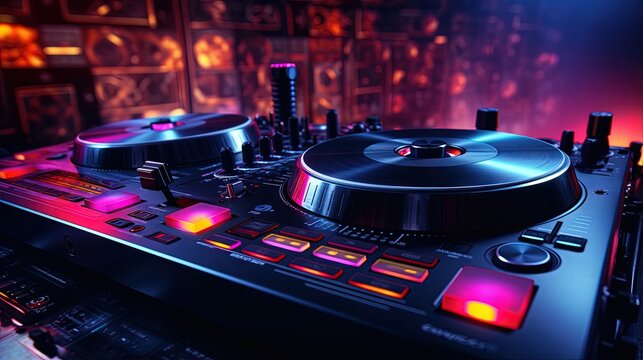 Dj music background. Professional disc jockey headphones and turntable in close up
