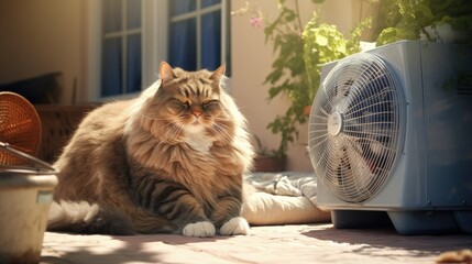 Portrait of a fat and big hairy domestic cat enjoying in front of a home ventilator during heatwave in Europe with food and water. Concept of global warming, extreme heat and animal welfare. - obrazy, fototapety, plakaty