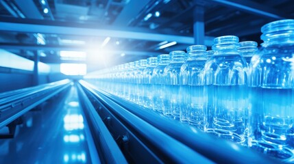 Abstract industrial background in blue color with filling Plastic bottles inside industrial machine conveyor line in water bottling plant