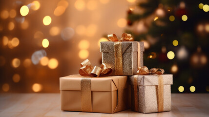 gift boxes and pine on the background of bokeh. christmas and new year background