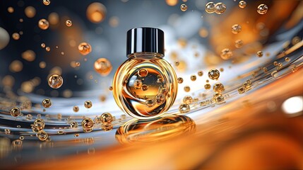 Cosmetic Essence oil Liquid Bubble with molecule background, 3d rendering.