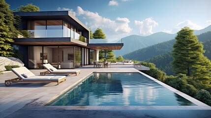 Modern building house with terrace and swimming pool with sun lounger. Beautiful mountains, forest with plants panoramic view. 3d rendering illustration exterior. Contemporary architecture design.