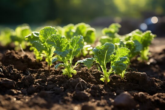 Picture of young kale plants in rich soil 