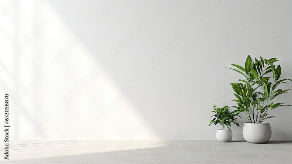 Poster white wall empty room with plants on a floor,3d rendering
