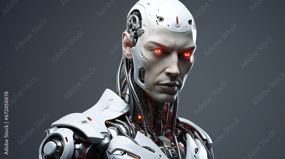 Poster man with robot head, robot cyborg in gray jacket on gray background. concept ai conflict with humani