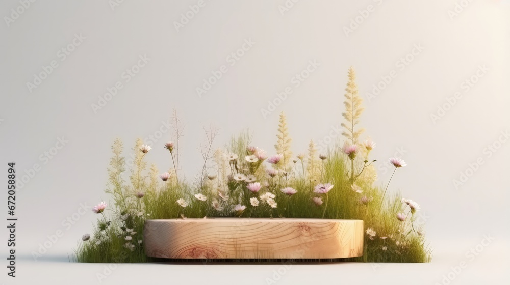 Poster wood podium in meadow for product presentation and on white background.3d rendering
