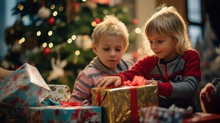 Fototapeta na wymiar Excited children unwrapping Christmas presents on a joyful holiday morning