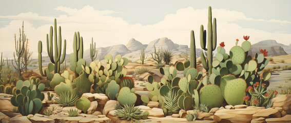 landscape illustration of the desert environment, cacti, desert trees, nature landscape background - obrazy, fototapety, plakaty