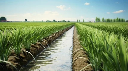 Fotobehang Landscape leek onion plantation and water flows through irrigation canals. Agriculture and agribusiness. Conservation of water resources and reduction pollution. Caring for plants, growing food. © HN Works