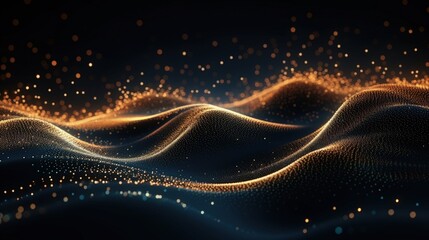 Futuristic digital wave with dots. Dark cyberspace. Abstract music background. Big data visualisation with particle flow. 3d rendering.