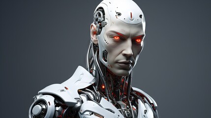 man with robot head, robot cyborg in gray jacket on gray background. Concept ai conflict with humanity, job cuts. 3D illustration, 3D rendering