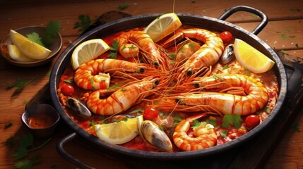 Traditional Spanish paella with red prawns from Ibiza. Typical recipe with seafood from the famous Spanish tapa.