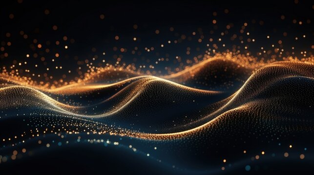 Futuristic digital wave with dots. Dark cyberspace. Abstract music background. Big data visualisation with particle flow. 3d rendering.