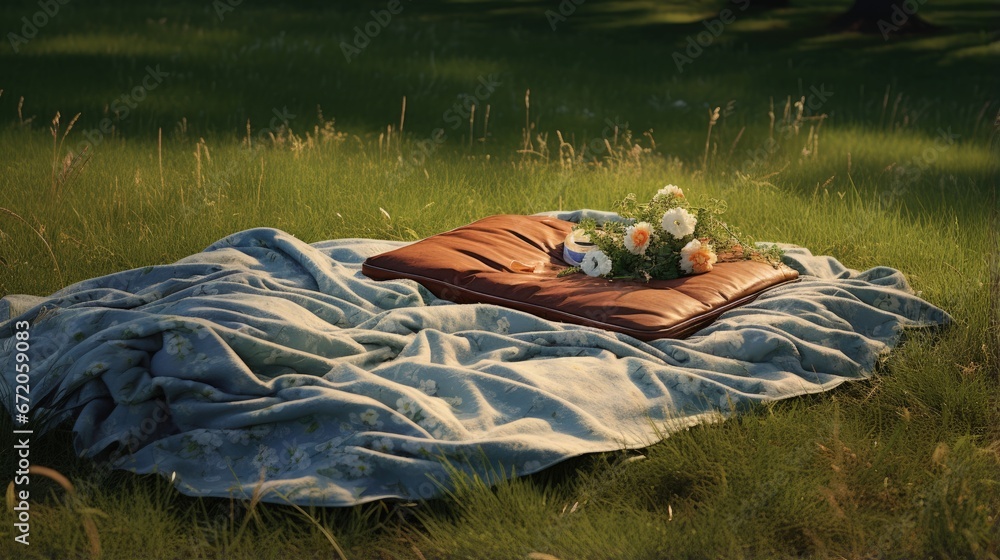 Poster Picnic duvet with empty bascket on the meadow in nature.