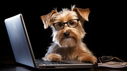 Norfolk Terrier dog with glasses looking at laptop computer