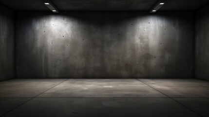 Black background with spotlight to concrete ground in studio. Dark interior background. Room with...