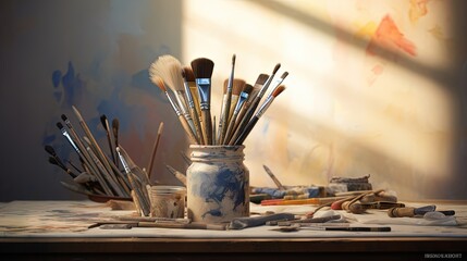 Still life of artist's brushes in sunlit studio with partially completed eagle portrait in background. (original painting by me) Closeup with extremely shallow dof. - Powered by Adobe