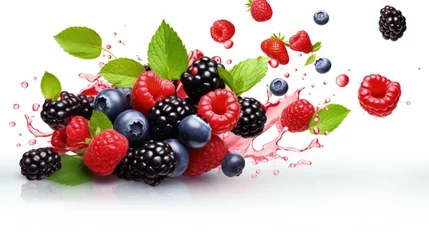 Keuken spatwand met foto Isolated fresh berries float in the air. Falling blackberry, raspberry, blueberry, strawberry fruits and mint leaves isolated on white background with clipping path © HN Works