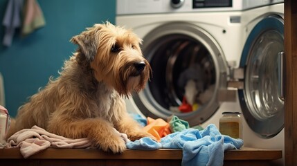 dog at a washing machine ready to do the chores and homework or housework and clean the dirty teddy...
