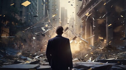Fototapeta premium Banking collapse or bank run, financial crisis or bankruptcy problem, stock market crash or credit risk, failure or investment failure concept, frustrated businessman look at collapsing bank building.