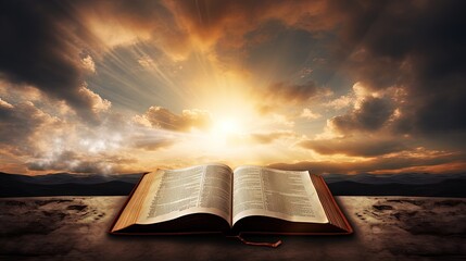 Illuminated cross on a Holy Bible. with a dramatic background sky.