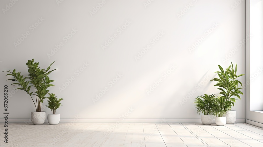 Poster white wall empty room with plants on a floor,3d rendering