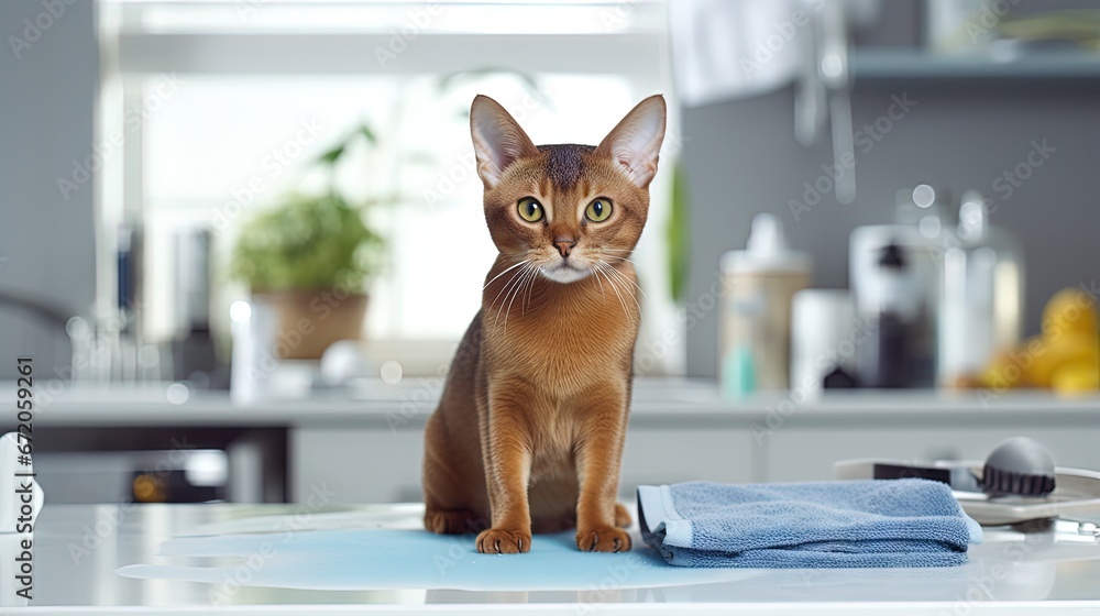 Canvas Prints Abyssinian cat at home. Close up portrait of blue abyssinian cat, sitting on a work table grooming, cleaning itself. Pretty cat, white background. Kitty washing himself, home interior, selective focus