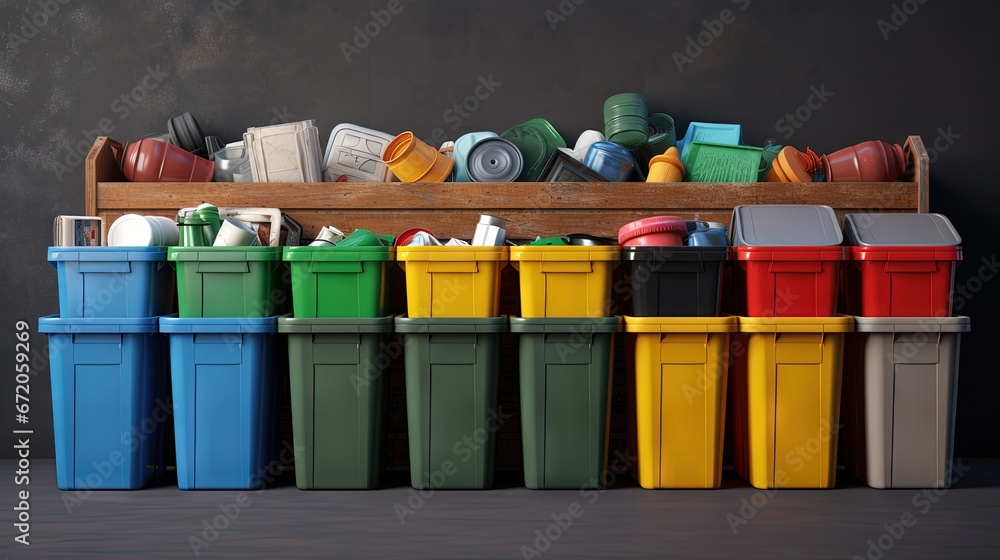 Poster different colored bins for collection of recycle materials