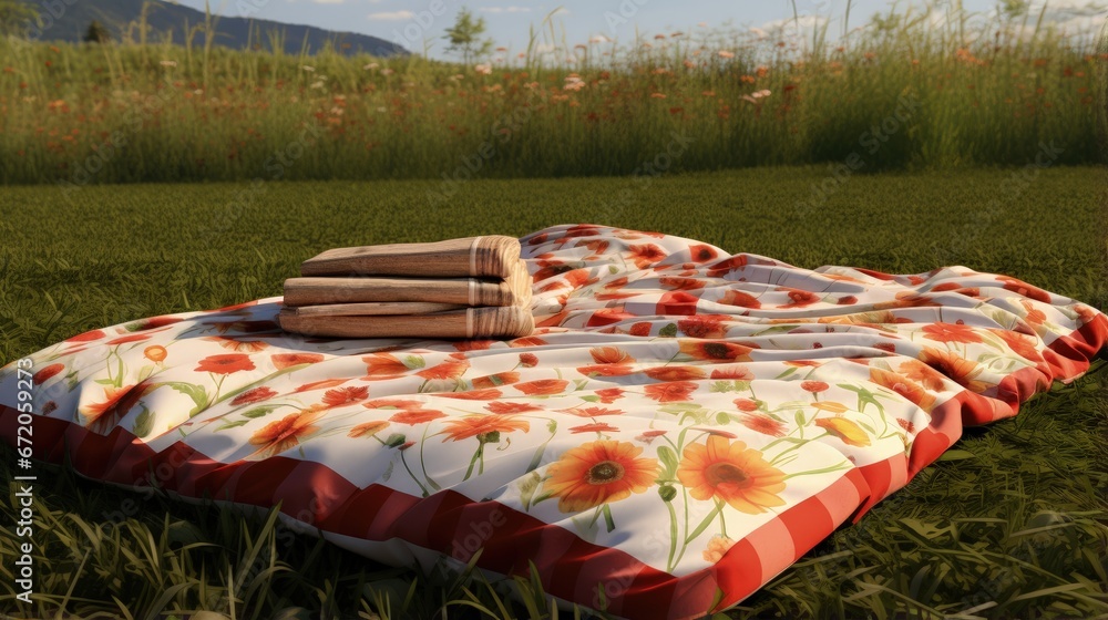 Poster Picnic duvet with empty bascket on the meadow in nature.