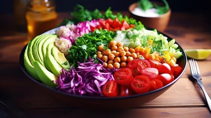 Foto auf Glas Buddha bowl salad with avocado, tomato, lettuce, cucumber, red cabbage, chickpeas, pomegranate. Paleo diet, healthy vegan and balanced food concept. Fresh rainbow mix green salad on wood © HN Works