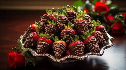 Delicious and fresh strawberries dipped in melted chocolate from a fountain - obrazy, fototapety, plakaty