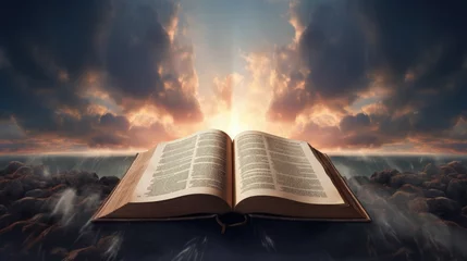 Foto op Canvas Illuminated cross on a Holy Bible. with a dramatic background sky. © HN Works