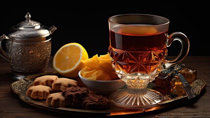 Tasty Turkish tea in glass cup with sweets on table