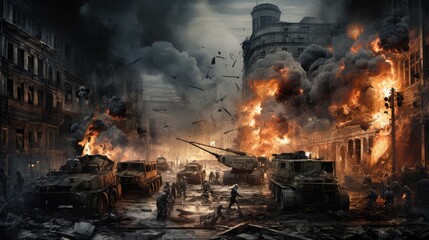 War in the middle of the city, AI generated Image - obrazy, fototapety, plakaty