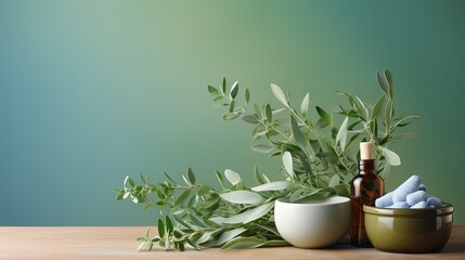 Bowl, bottles of eucalyptus essential oil, mortar, bunch of fresh eucalyptus branches on green background. Natual organic ingredients for cosmetics, skin care, body treatment.