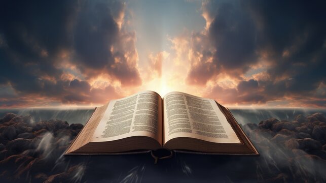 Illuminated cross on a Holy Bible. with a dramatic background sky.