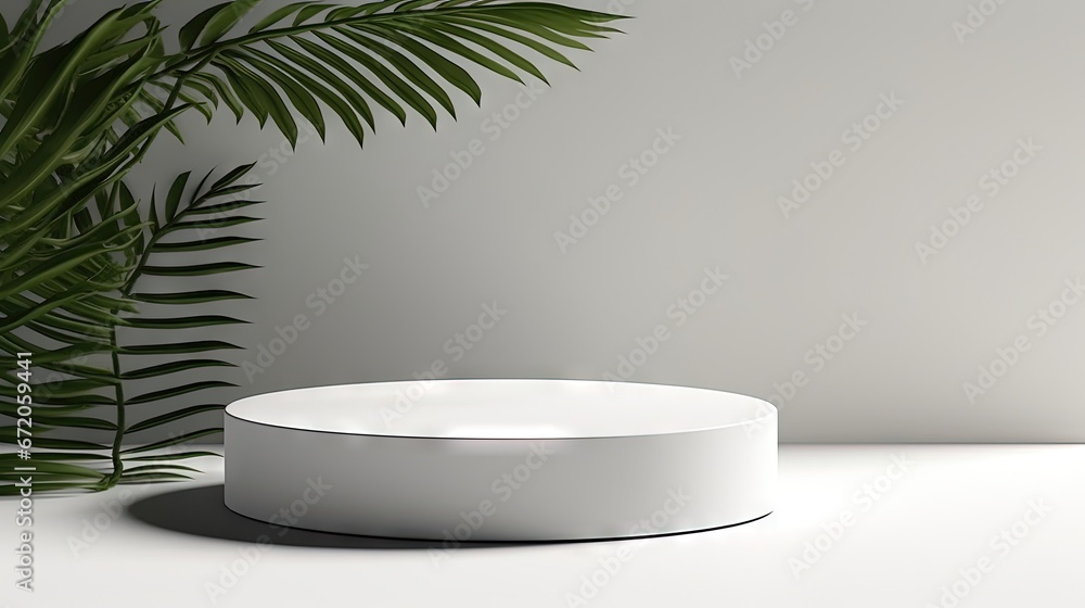 Aufkleber Cylindrical podium on a white background with hard shadows and leaves. Minimal empty scene of cosmetic products presentation. Geometric podium.