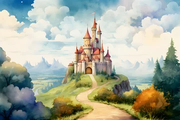Fotobehang watercolour landscape painting of fairy tale castle on hill © sam