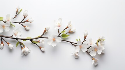 Stem with almond tree flowers on the right side and randomly dispersed white petals covering the lower left corner on a gray background with empty space for editing - obrazy, fototapety, plakaty