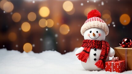 Obraz premium Joyful Christmas celebration: adorable snowman surrounded by festive gifts, perfect for happy holidays and new year festive wallpaper – copy space available