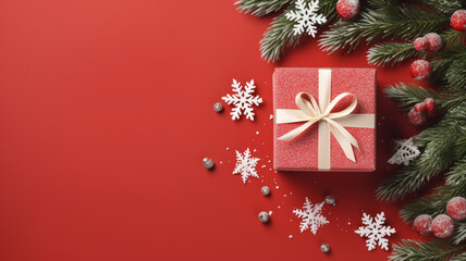 Fototapeta na wymiar Christmas gifts on red background top view Christmas and New Year background