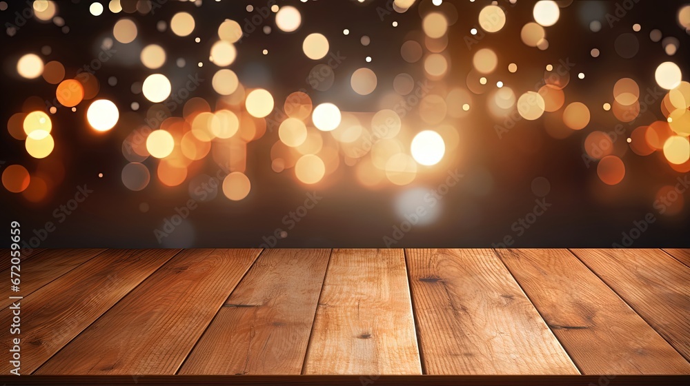 Aufkleber image of wooden table in front of abstract blurred background of resturant lights