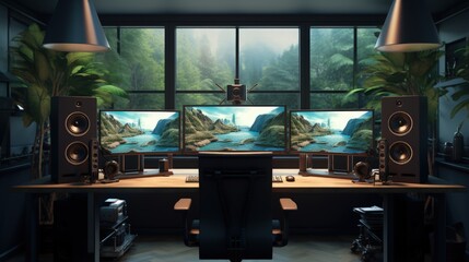 Comfortable home workplace for videographer and video editor. Working table with large monitors.